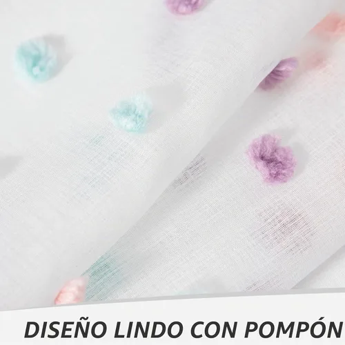 Vista 3 de MYSKY HOME - Cortinas blancas traslúcidas para puerta corrediza de sala, ventanas, cortinas de dormitorio con pompones arcoíris, 2 paneles, filtro