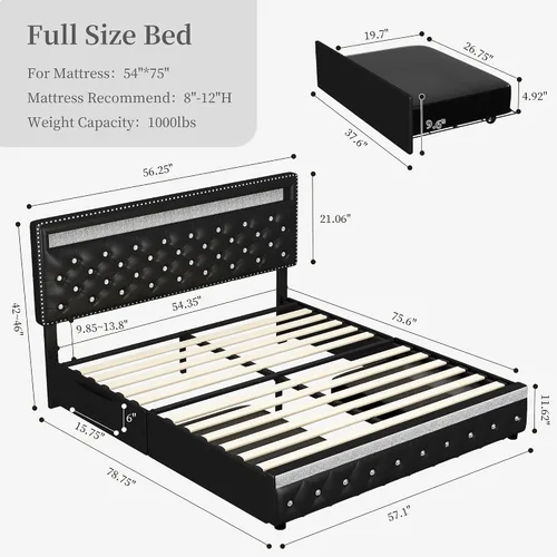 Vista 2 de SIBEDS Base de cama completa con LED y 2 cajones, marco de cama de plataforma de metal resistente de tamaño completo con cabecera ajustable
