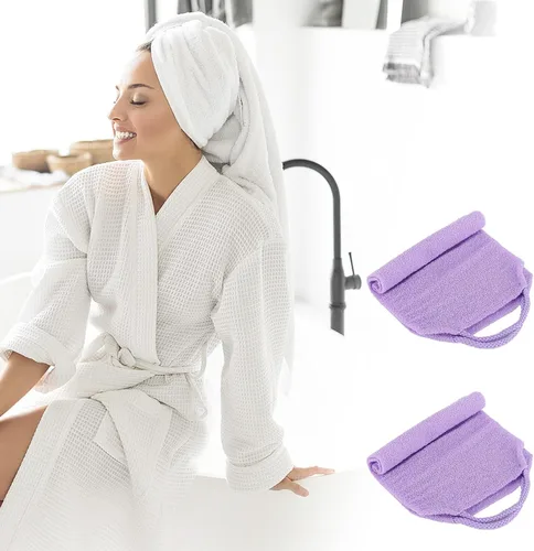 Vista 5 de 2 piezas exfoliante de espalda con asas, toalla para ducha, exfoliante de espalda de nailon, para hombres y mujeres (morado)