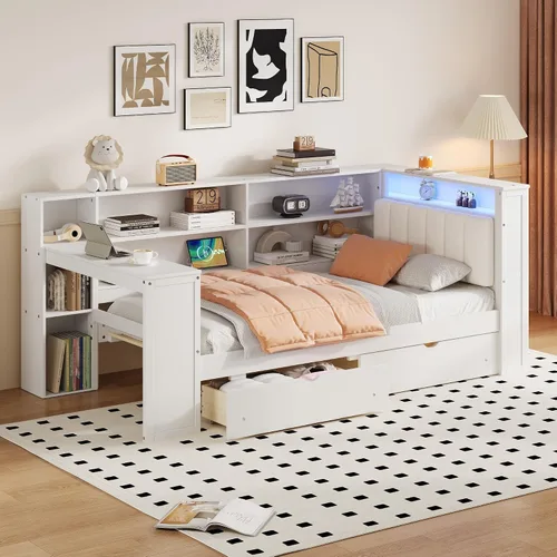 Vista 40 de VilroCaz Cama de sofá de tamaño individual de madera con estantes de almacenamiento y escritorio de estudio, estructura de cama de día Blanco