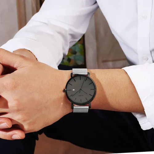 Vista 3 de BUREI - Reloj de pulsera analógico para hombre con fecha, extensible de malla de acero inoxidable