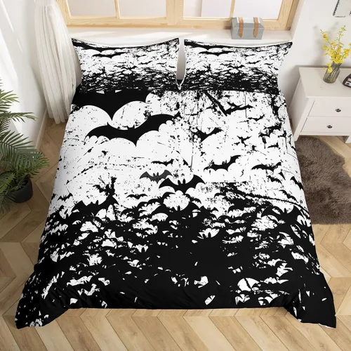 Vista 24 de Juego de ropa de cama de Halloween, funda de edredón gótica de murciélagos negros con telarañas, funda de edredón individual, diseño de arañas
