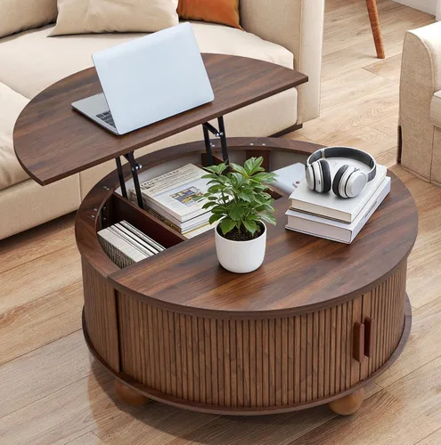 Vista 11 de Mesa de centro pequeña acanalada, mesa de centro de madera ovalada de estilo rústico de mediados de siglo, mesa central moderna estilo bohemio