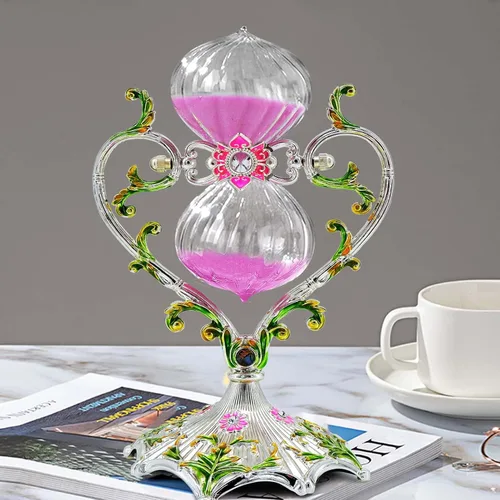 Vista 4 de Reloj de arena con temporizador de arena decorativo, reloj de arena blanca giratorio de 360° de metal de 30 minutos, decoración antigua de cristal