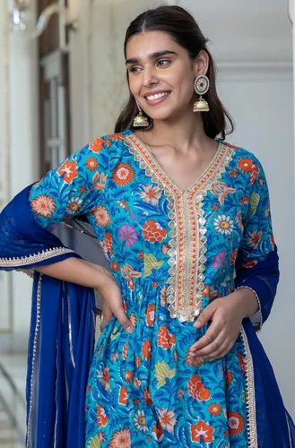 Vista 4 de Janasya Kurta con estampado étnico de algodón azul cielo para mujer con palazzo acampanado y dupatta