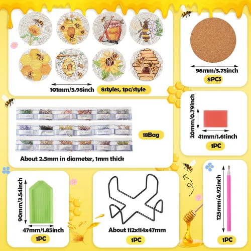 Vista 2 de FASHEWELRY 8 posavasos de arte de diamante con soporte para abejas, kit de posavasos de pintura de diamantes para bebidas, kits de arte de diamantes