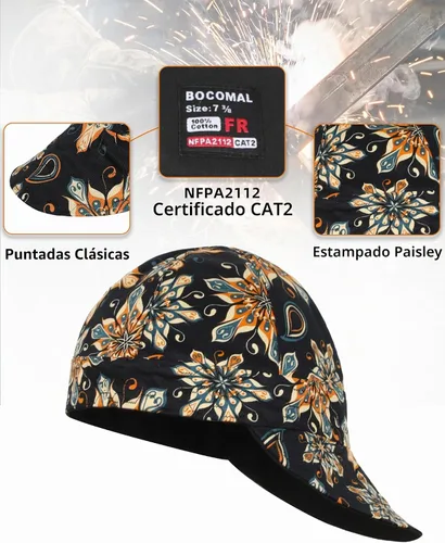 Vista 5 de BOCOMAL Gorro de Soldadura Resistente al Fuego CAT2 de Peso Medio con Estampado, Gorras de Soldador de 6 Paneles - Juego de 2