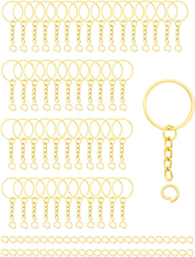Vista 10 de 100 juegos de llaveros de 1 pulgada, llavero redondo dividido dorado con cadena y anillos de salto abiertos para hacer llaveros de bricolaje