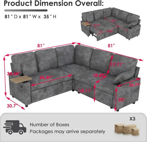 Vista 3 de Sofá modular de 81 pulgadas, sofá cama de 5 plazas en forma de L con cama extraíble, almacenamiento oculto, portavasos y puertos de carga USB, sofás