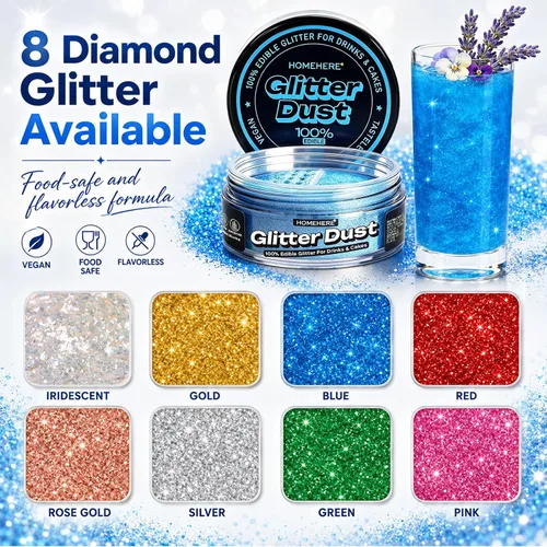 Vista 7 de HomeHere Purpurina comestible para bebidas y pasteles, 0.35 onzas de polvo brillante de diamante de grado alimenticio, polvo brillante
