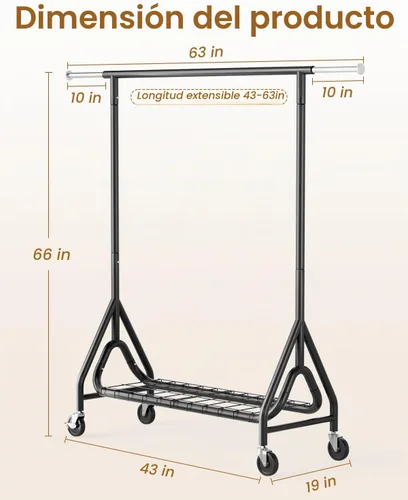 Vista 7 de Perchero de Ropa Resistente, Perchero de Ropa de Metal con Capacidad de 450 Libras, Percheros Rodantes para Colgar Ropa con Ruedas Bloqueables Negro