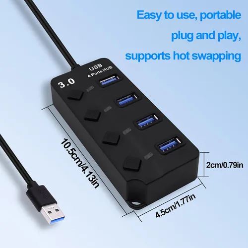 Vista 5 de Hub USB 3.0 de 4 puertos multifuncional 1 a 4 divisor de transferencia de datos de 5 Gbps USB 3.0 extensor con interruptores de alimentación LED