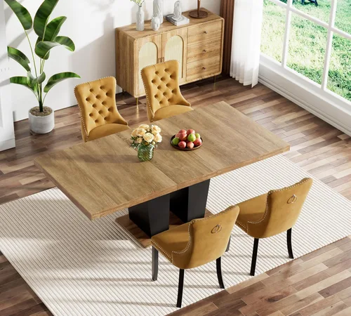 Vista 79 de Juego de mesa de comedor extensible marrón de 63 a 78.74 pulgadas para 4, juego de mesa de comedor de 5 piezas con 4 sillas, mesa de cocina