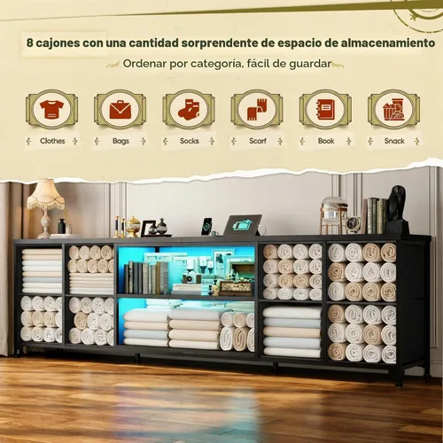 Vista 5 de Soporte de TV de 63" de ancho para 65 75 pulgadas con luces y tomas de corriente, soporte de TV para dormitorio con 8 cómodas de tela y cajoneras
