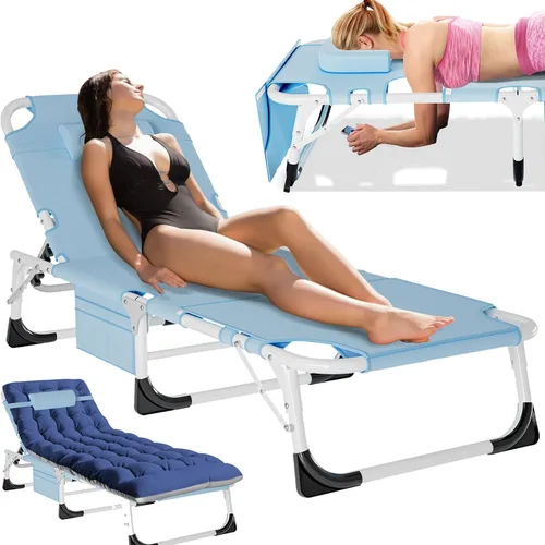 Vista 14 de MOPHOTO Silla de Bronceado, Silla de Sol al Aire Libre de 5 Posiciones, Silla de Sol Plegable, Silla de Sol con Orificio para la Cara, Perfecta