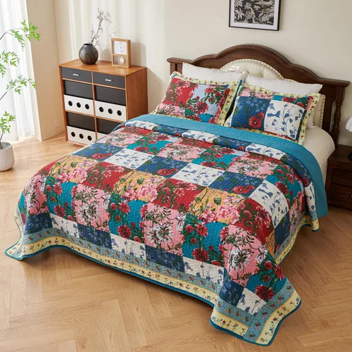 Vista 4 de EVENHUG Juego de edredón de retazos de 100% algodón, tamaño Queen, ligero, floral, juego de ropa de cama, colcha reversible con fundas de almohada