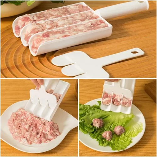 Vista 6 de Triple albóndigas multifunción antiadherente para hacer 3 albóndigas a la vez, fácil de limpiar con una pala de corte de cocina (blanco)