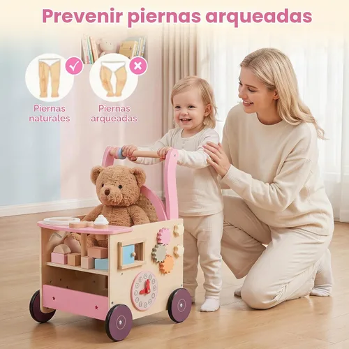 Vista 8 de OLAKIDS Andador de madera para bebés con centro de actividades, juguete Andador de pie con cochecito de muñeca, laberinto de cuentas, engranajes