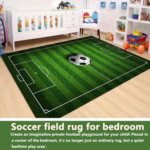 Vista 4 de Alfombra de campo de fútbol infantil de 2 x 3 pies para dormitorio de niños, alfombra de campo de fútbol verde antideslizante, alfombra