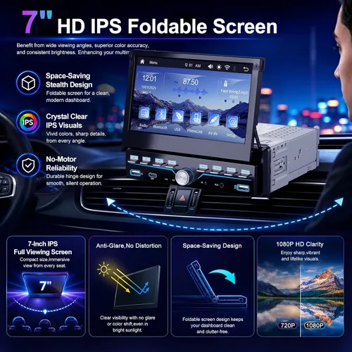 Vista 3 de Estéreo de Coche Individual DIN Apple Carplay y Android Auto 1 DIN 7 Pulgadas Pantalla Táctil Abatible Radio de Coche con Bluetooth y Micrófono