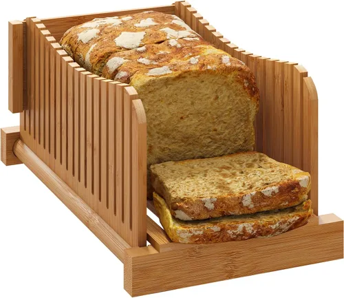 Vista 9 de Cortador de pan de bambú con cuchillo dentado, guía ajustable para 3 tamaños de grosor, tabla de cortar plegable con bandeja para migas, ideal