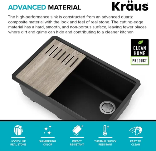 Vista 8 de KRAUS Bellucci Fregadero de cocina de granito con estación de trabajo empotrado de 30 pulgadas en negro metálico con accesorios, KGUW2-30MBL