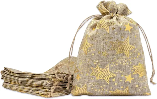 Vista 12 de 48 paquetes de 3x4 bolsas de regalo reutilizables de yute y arpillera con cordones (Feliz Navidad, X-Pequeño) - para regalos, favores de fiesta