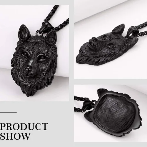 Vista 4 de Richsteel Collares para hombres de acero inoxidable 316chapado en oro de 18 quilatesnegro lobo colgante vikingo nórdico joyería