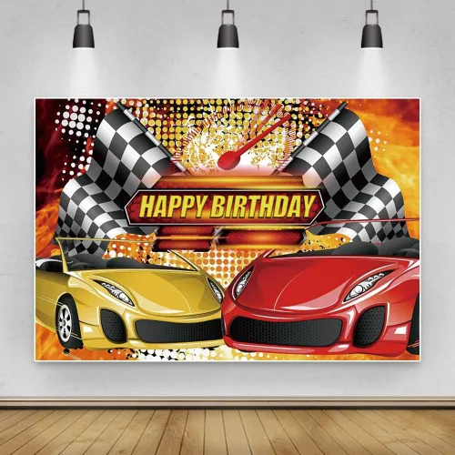 Vista 5 de Yeele Telón de fondo con temática de coche de carreras de 5 x 4 pies, color rojo y amarillo, bandera de campeón, fondo de fotografía, fiesta