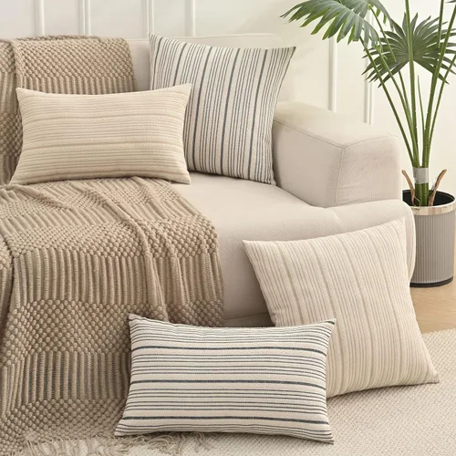 Vista 5 de Fundas de almohada negras de lino para granja, fundas de almohada decorativas a rayas para exteriores, fundas de almohada cuadradas para sofá, cama