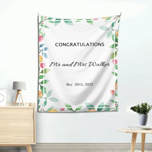 Vista 4 de Telón de fondo de boda personalizado, tapiz de felicitaciones de flores coloridas personalizado con nombres y fecha, pancarta de boda personalizada