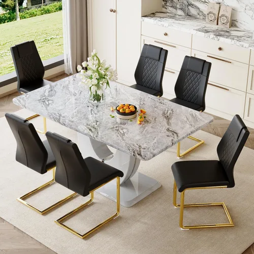 Vista 10 de JUFU Juego de mesa de comedor para 6, 63 pulgadas, juego de mesa de cocina y sillas de mármol sintético gris con 6 sillas de piel sintética, juego