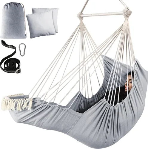 Vista 11 de Chihee Silla hamaca colgante con reposapiés, 2 cojines, máximo 500 libras, barra separadora de metal resistente, plegable, fácil almacenamiento