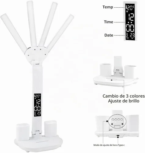 Vista 4 de Lámpara de escritorio LED con reloj, lámpara de estudio plegable, 3 modos de iluminación, lámpara de mesa regulable para cuidado de los ojos