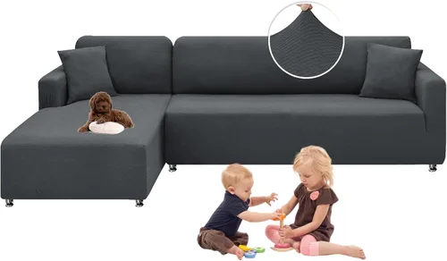 Vista 14 de XINEAGE Funda de sofá modular de alta elasticidad en forma de L, 2 piezas antideslizante con protector de muebles con 2 fundas de almohada