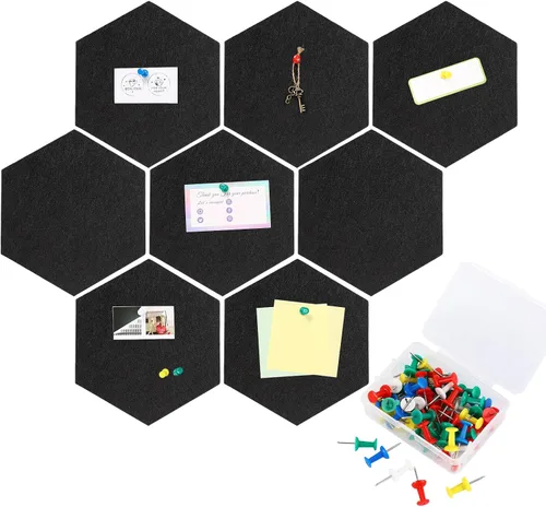 Vista 7 de Ctosree 12 tableros de anuncios de fieltro de 5.9 x 7 pulgadas, tableros de fieltro hexagonal, tira de corcho autoadhesiva con 50 pasadores