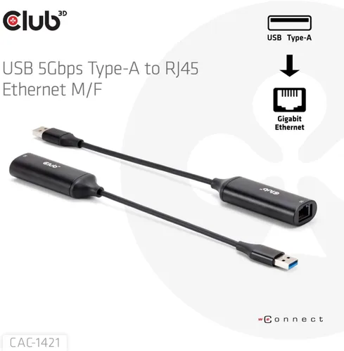 Vista 3 de Club 3D CAC-1421 USB 5Gbps Tipo-A a RJ45 Ethernet Adaptador M/F