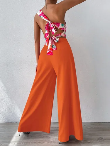 Vista 2 de Floerns Conjunto de dos piezas para mujer con un hombro y pantalones largos de pierna ancha
