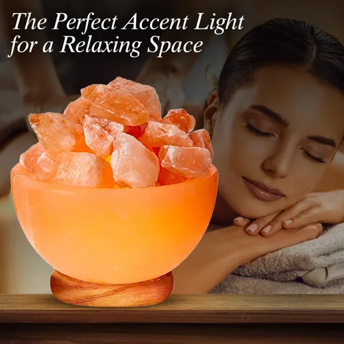 Vista 6 de Himalayan Glow Lámpara de cuenco de masaje con trozos de cristal de sal natural, cable de atenuación con base de madera clásica, lámpara de sal