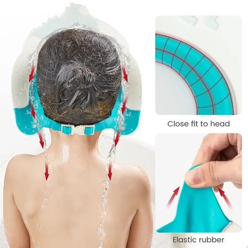 Vista 4 de FUNUPUP - Gorro de ducha para bebé, para niños, champú de baño para bebé, visera de lavado de cabello, ajustable, dinosaurio azul
