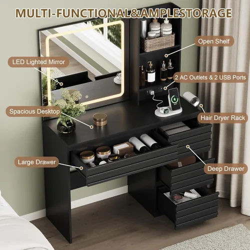Vista 3 de Escritorio de maquillaje con luces, tocador estriado con 4 cajones, estantes abiertos, toma de corriente, espejo iluminado LED, 3 modos