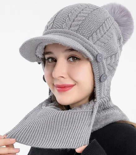 Vista 5 de Gorro de forro polar holgado de una pieza para mujer, bufanda cálida de invierno, gorro de punto grueso, gorro de esquí