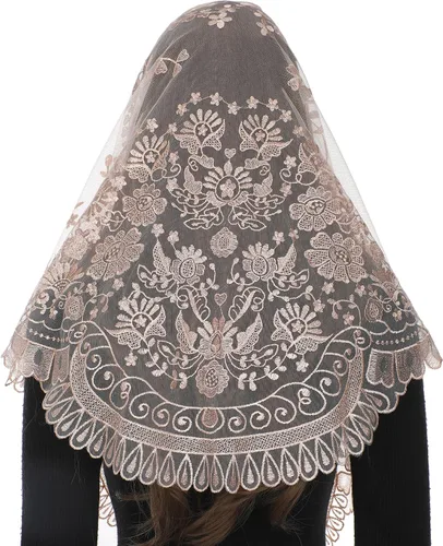 Vista 9 de Bozidol Velos de Mantilla de Capilla Católica en Triángulo - Bufanda Corta de Embroidería de Camelia para Misa Latina, Velo de Iglesia de Encaje
