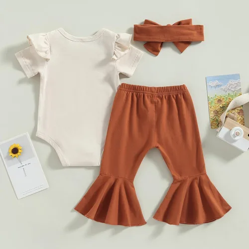 Vista 3 de Conjunto de ropa para bebé niña de manga corta con estampado de vaca + pantalones acampanados, ropa occidental