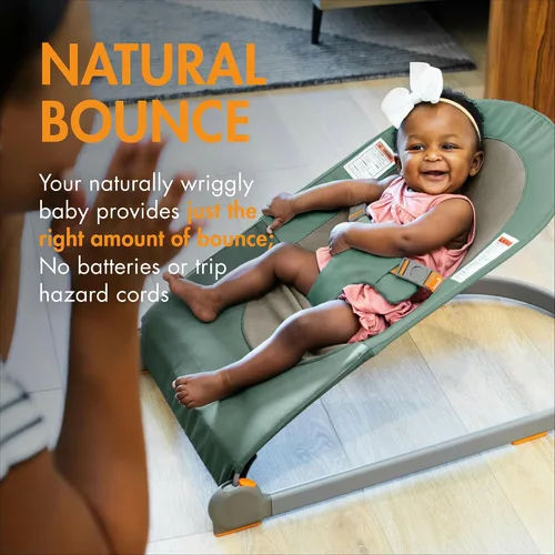 Vista 3 de Boon Bouncer portátil inclinado para bebés, asiento plegable para bebés, silla de bebé portátil ligera con tela lavable a máquina y arnés de 3 Verde
