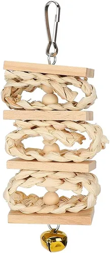 Vista 2 de Juguete colorido para masticar pájaros de 8 piezas, columpio de madera y esponja de lufa para loros/cacatúas, actividad de morder y escalada