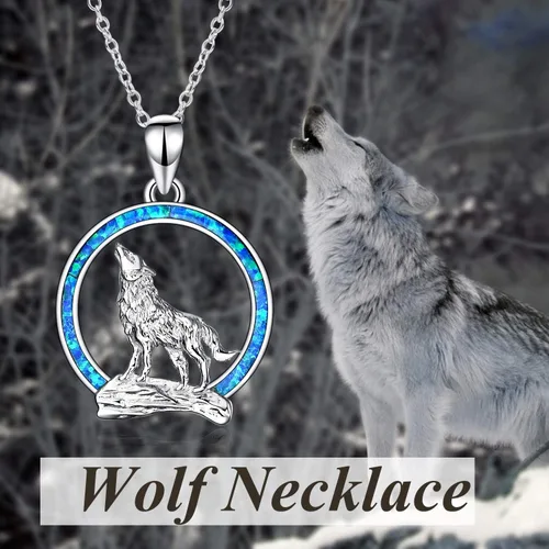 Vista 4 de YFN Collar de lobo para hombres y mujeres, plata de ley, ópalo luna, lobo joyería de cumpleaños para amantes del lobo de 18 + 2 pulgadas, Plata
