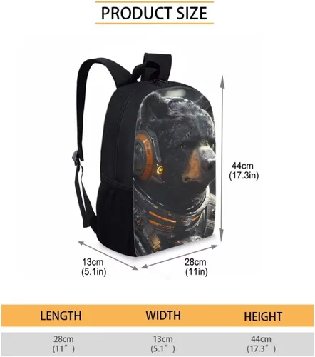 Vista 3 de AmzPrint Mochila negra para niños y niñas de 17 pulgadas con estampado de animales, ligera, mochila escolar para estudiantes, Oso, Classic