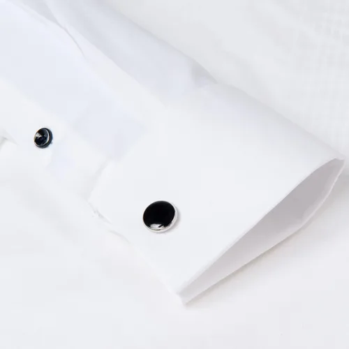 Vista 5 de Camisa de esmoquin con cuello de ala para hombre, puños franceses con gemelos y corbatín