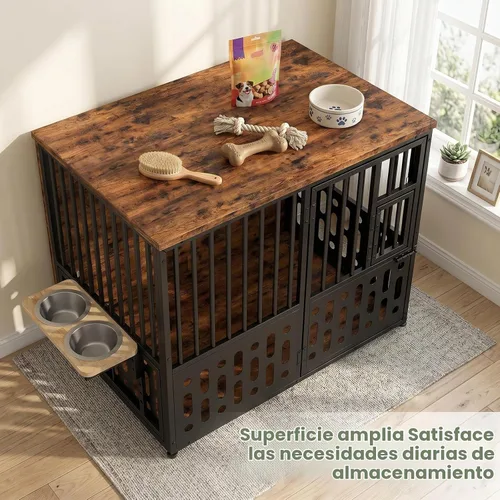 Vista 7 de Yafylly Jaula para perros pequeños de 32 pulgadas, muebles de madera para perros pequeños y medianos, ventana interactiva, cuencos ajustables